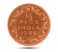 Indian antique bronze half pice coin on a white background.